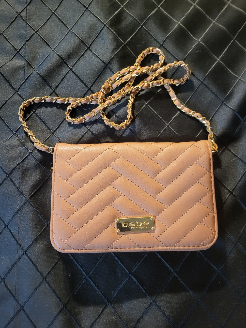 bebe Quilted Tan Crossbody Bag with Chain Strap